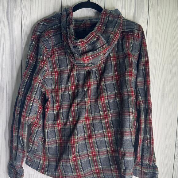 L.L. BEAN Scotch Plaid Flannel Shirt Relaxed Zip Hoodie Gray Red Women’s XL - Picture 3 of 7